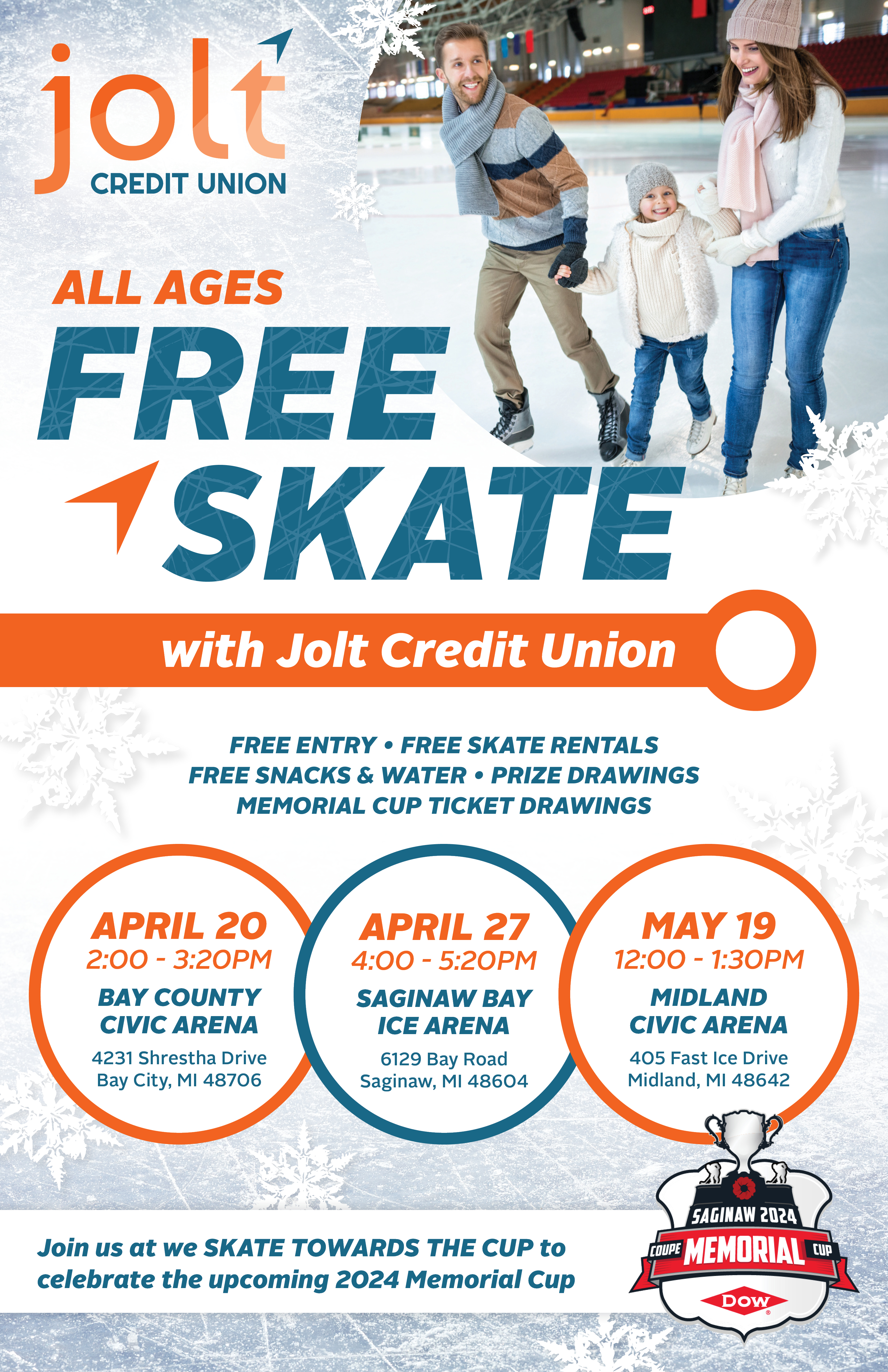 FREE SKATE WITH JOLT CREDIT UNION. April 20 - Bay City, April 27 - Saginaw, May 19 - Midland